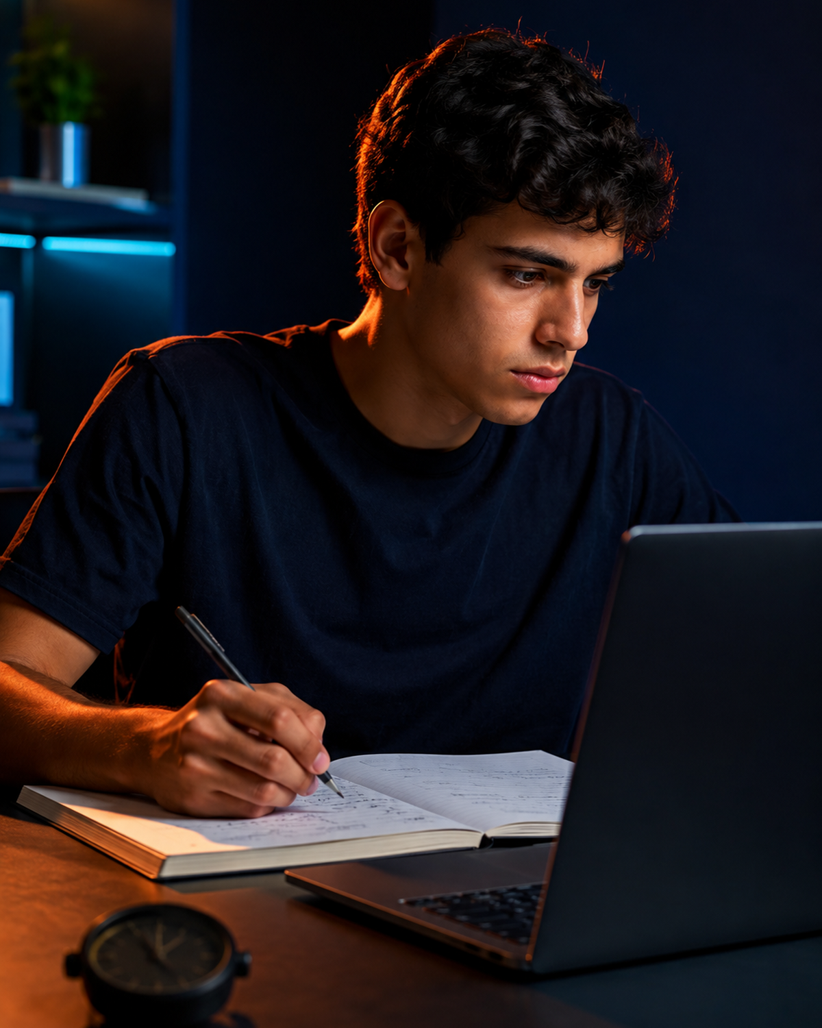 Estudante resolvendo exercícios no notebook e no caderno.